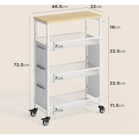 Desserte de Cuisine Bealife Étagère de Cuisine à Roulette Métal 4 Niveaux 6 Poches Latérales Meuble Rangement Chariot Blanc