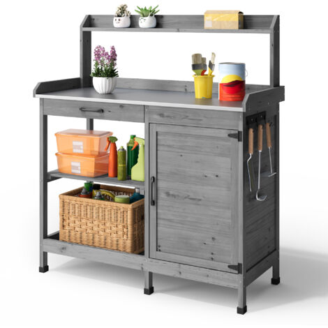 Bealife – Table de rempotage en bois sapin 108x43x125 cm – Plateau métal étanche – 6 crochets et tiroir de rangement – Meuble extérieur multifonction