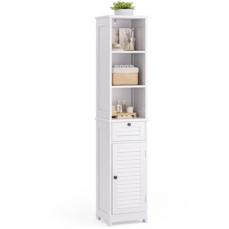 Bealife Colonne Salle de Bain sur Pied Meuble Rangement 1 Tiroir 3 Étagères 1 Porte Étagère Réglable 34 x 30 x 162,5 cm