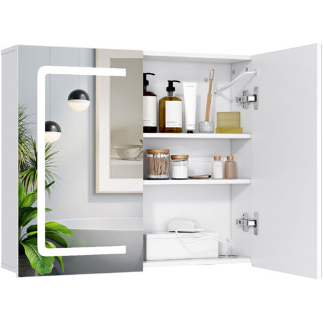 Armoire Murale de Salle de Bain Bealife Armoire avec Mirroir LED Réglable Étagère Sèche-cheveux Étagères Réglables Prise 70x16x60 cm