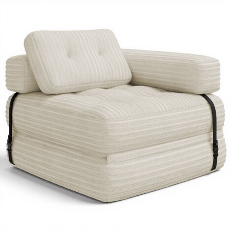 Canapé Convertible Bealife Fauteuil Lit 1 Place avec Appuie-tête en L Sans Installation Velours Côtelé Longue Coussin Écru 85 x 85 cm