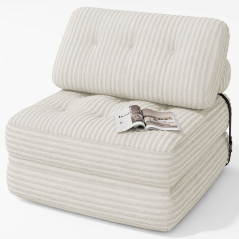 Canapé Convertible Bealife Fauteuil Lit 1 Place avec Dossier Sans Installation Velours Côtelé Longue Coussin Écru 85 x 85 cm