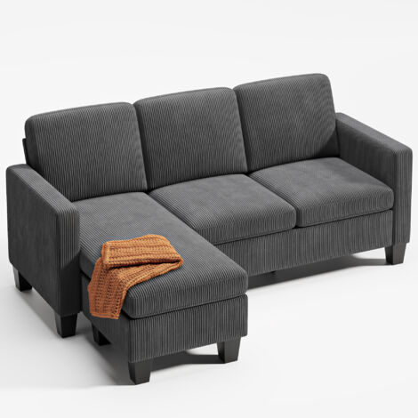 Bealife – Canapé d'angle en L 3 places avec méridienne – Revêtement velours côtelé gris – Dimensions 188 x 136,5 x 89 cm – Conception inclinable et modulaire