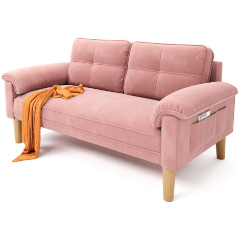 Canapé 2 Places Scandinave Bealife avec 2 Coussins de Dossier et 2 Coussins d'accoudoirs Revêtement en Tissu Structure en Bois pour Salon Chambre 144 x 77 x 77 cm Rose