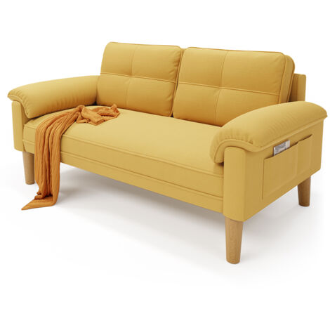 Canapé 2 Places Scandinave Bealife avec 2 Coussins de Dossier et 2 Coussins d'accoudoirs Revêtement en Tissu Structure en Bois pour Salon Chambre 144 x 77 x 77 cm Jaune