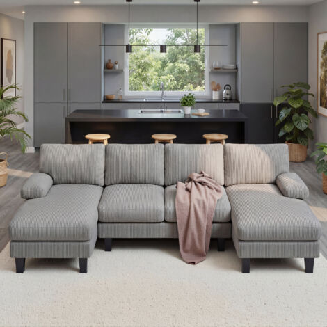 Canapé en U Bealife 4 Places en Velours Côtelé avec 2 Méridiennes 2 Coussins d'accoudoirs et 4 Coussins de Dossier Cadre en Bois et Métal pour Salon 271 x 122 x 86 cm Gris