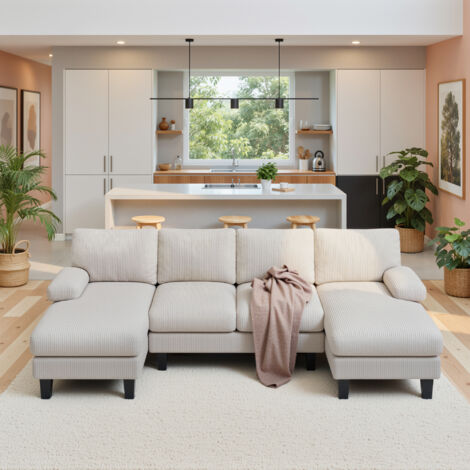 Canapé en U Bealife 4 Places en Velours Côtelé avec 2 Méridiennes 2 Coussins d'accoudoirs et 4 Coussins de Dossier Cadre en Bois et Métal pour Salon 271 x 122 x 86 cm Beige