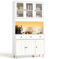 Bealife – Buffet haut cuisine 180 cm – Éclairage LED réglable – 3 portes en verre – 3 tiroirs – Plateaux réglables – Design anti-chute