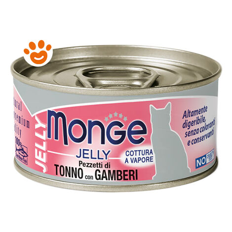 Monge Gatto, Tonno in Gelatina Lattina 80gr - Pezzetti di Tonno e Gamberetti