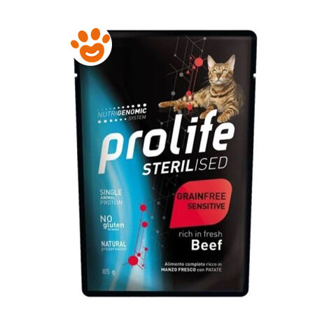 Prolife Cat Sterilised Grainfree Sensitive Adult Manzo  - Prolife Cat Sterilised Grainfree Sensitive Adult Manzo - Bustina Da 85 Gr
