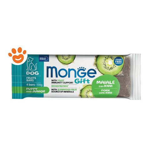 Monge Dog Gift Fruits Bars Puppy & Junior Maiale con Kiwi + OMAGGIO - Monge Dog Gift Fruits Bars Puppy & Junior Maiale con Kiwi + OMAGGIO - Confezione Da 100 Gr + OMAGGIO Monge GIFT