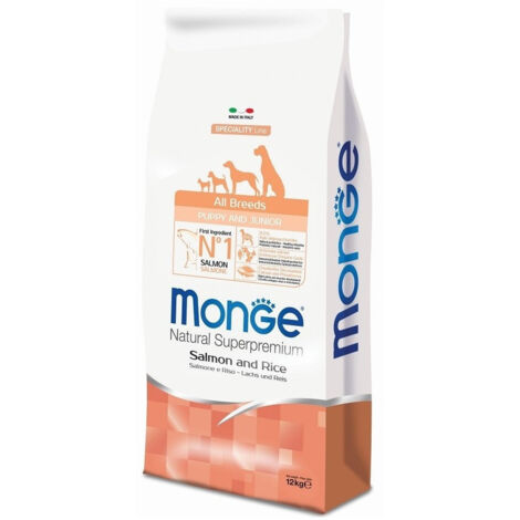Monge Dog Natural Superpremium All Breeds Puppy e Junior Salmone e Riso  - Monge Dog Natural Superpremium All Breeds Puppy e Junior Salmone e Riso - Sacco Da 12 Kg