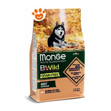 Monge Dog Bwild Grain Free Adult All Breed Salmone e Piselli  - Monge Dog Bwild Grain Free Adult All Breed Salmone e Piselli - Sacco Da 12 Kg