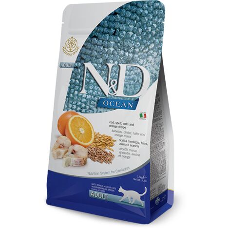 Farmina Cat N&D Ocean Ancestral Grain Adult Merluzzo, Farro, Avena e Arancia - Farmina Cat N&D Ocean Ancestral Grain Adult Merluzzo, Farro, Avena e Arancia - Sacco Da 1,5 Kg