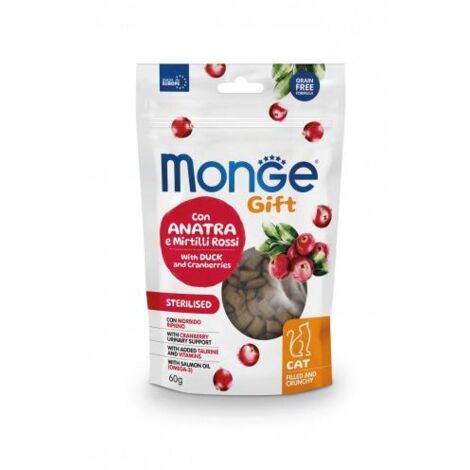 Monge Cat Gift Filled & Crunchy Sterilised Anatra e Mirtilli Rossi + OMAGGIO  - Monge Cat Gift Filled & Crunchy Sterilised Anatra e Mirtilli Rossi + OMAGGIO - Confezione Da 60 Gr + OMAGGIO Monge GIFT
