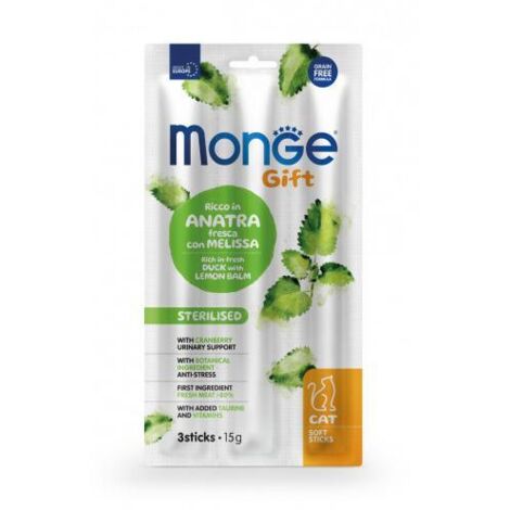 Monge Cat Gift Soft Sticks Sterilised Anatra con Melissa + OMAGGIO  - Monge Cat Gift Soft Sticks Sterilised Anatra con Melissa + OMAGGIO - Confezione Da 3 Stick + OMAGGIO Monge GIFT