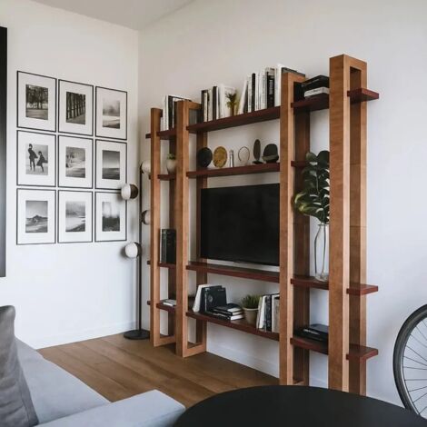 Mobile Libreria Modulare Design Italiano in Legno Massello Pino - Montanti Rovere / Mensole Teak 28mm - Parete TV Fino 60" (1/5)