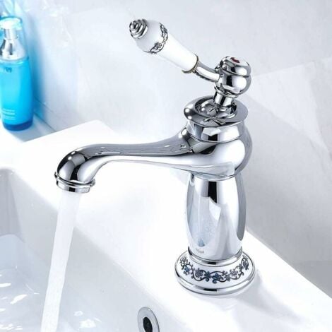 Rubinetto per lavabo monocomando Rubinetto per lavabo in ceramica in ottone Porcellana bianca e nera Collo lungo Floreale vintage con ingresso Rubinetto per acqua calda/fredda Cucina Bagno Cromo: