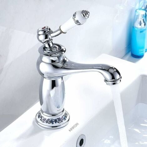 Rubinetto per lavabo monocomando Rubinetto per lavabo in ceramica in ottone Porcellana bianca e nera Collo lungo Floreale vintage con ingresso Rubinetto per acqua calda/fredda Cucina Bagno Cromo: