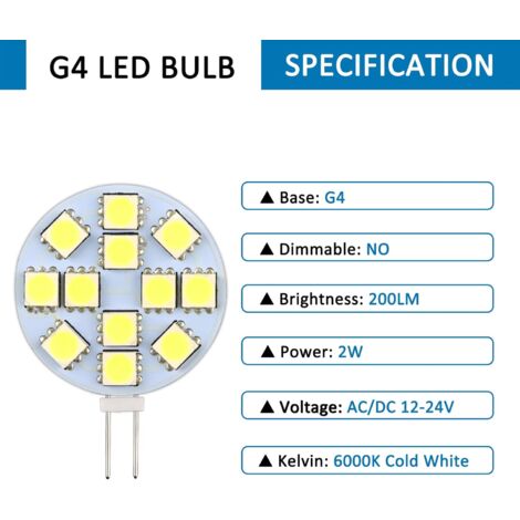 Lot de 10 Ampoules LED G4 DC 12V Non Dimmables Blanc 6000K Remplacement pour Ampoules Halogènes 20W pour Cuisine Camping-Car RV Remorque Bateau