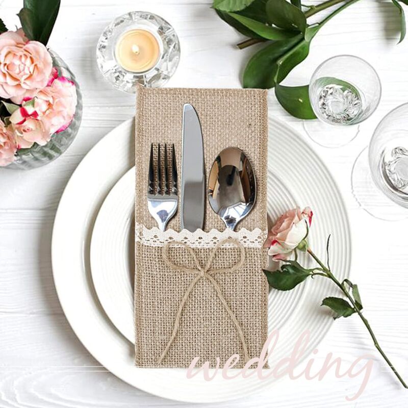 Sac à Couverts En Jute Dentelle - Lot De 30 Pochettes Vintage Pour Mariage, Fête Et Décoration Table
