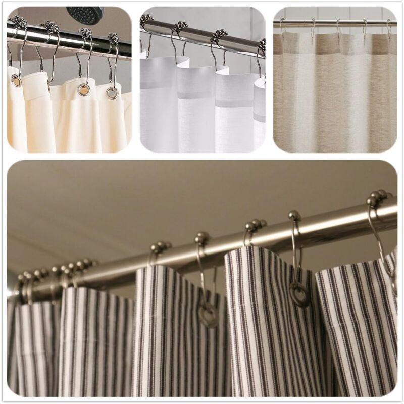 Crochets De Rideau De Douche En Acier Inoxydable 304 - Lot De 12, Avec Roulettes à Billes - Glisse Silencieuse, Finition Brillante