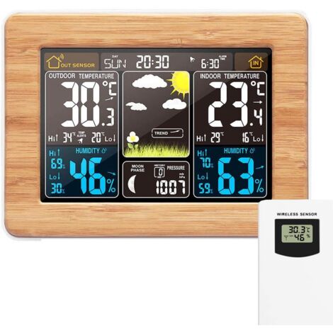 Station météo sans Fil Horloge de météo colorée numérique avec capteur extérieur Thermomètre extérieur intérieur avec Date Température Humidité Baromètre Alarme Phase de la Lune Horloge météo Jaune