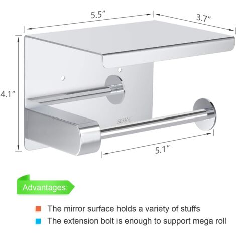 Porte-papier hygiénique, porte-rouleau de papier toilette sans perçage Porte-papier hygiénique, distributeur de papier avec étagère, acier inoxydable SUS 304, colle auto-adhésive et mur de salle de ba