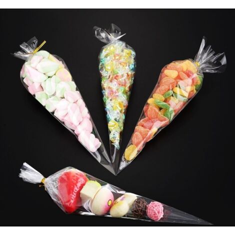 Sachet Bonbon,100 Pcs Transparent Cône Poche en Plastique AVCE 100 Liens Torsadés, Cellophane Emballage pour Bonbons, Biscuit, Cadeaux Party, 16  30cm