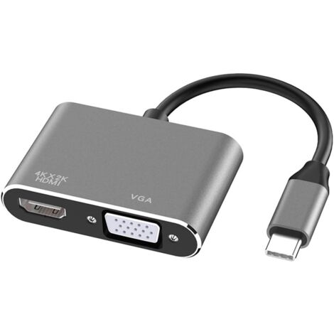 Adaptateur USB C vers HDMI VGA, 2 en 1 Type C vers HDMI 4K, VGA 1080P Compatible avec MacBook Pro/Air 2020 2019, iPad Pro, Surface, Gris (1/5)