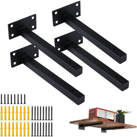 4 Pcs Équerre Étagère Support Étagere pour Murale Fixation, Supports d'étagère Murale,Robuste Support d’Angle,Support Flottant Industriels,Plateaux de Fixation Rétro en Métal avec Vis Noir (10in/25cm) (1/5)