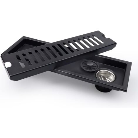 Noir - siphon de sol rectangulaire, siphon de sol de douche 30 x 10 cm, siphon de sol noir avec grille en acier inoxydable, convient pour WC, salle de bain, cuisine, balcon