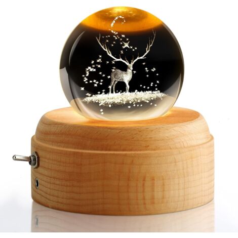 Boîte à musique rotative en bois, boule de cristal 3D, avec fonction de projection de lumière chaude, boule de cristal rotative, cadeau d'anniversaire, cadeau de Noël (élan)