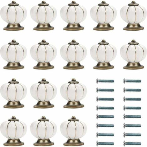 Bouton Ceramique Meuble Blanc et Or avec Vis en Forme de Citrouille (Lot de 16) - 3,6 x 3,8 cm - Bouton de Meuble Rond Vintage - Pour Maison, Bureau, Armoire de Cuisine, Tiroirs et Placard (1/5)