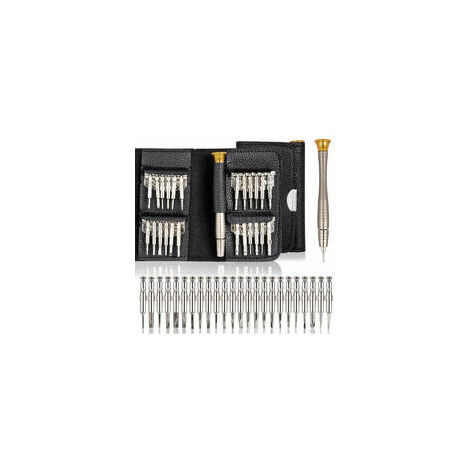 Jeu de 25 tournevis pour PC, lunettes, téléphone portable, montre, appareil photo numérique, kits d'outils de réparation de tournevis de précision avec sac en cuir noir (1/5)