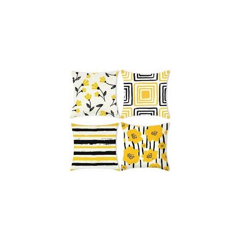 Housse de coussin jaune 45 x 45 cm carré lot de 4 jaune Art nouveau motif floral rayé coton lin Home Decor taies d'oreiller pour salon canapé chambre (1/5)