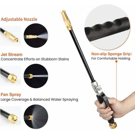 Nettoyeur haute pression Jet, buse de tuyau haute pression, lance de laveuse à pression, extrémité de tuyau d'arrosage extensible, pulvérisateur de nettoyage de vitres (Réglable + noir)