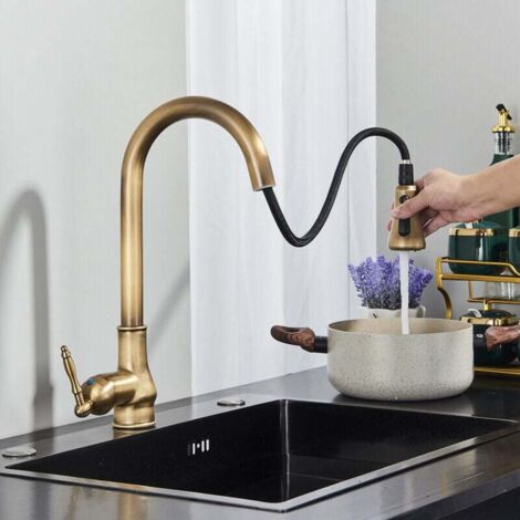 Robinet de cuisine rétro extractible, évier en laiton et acier inoxydable 304, robinet de cuisine extractible, 3 fonctions (1/4)