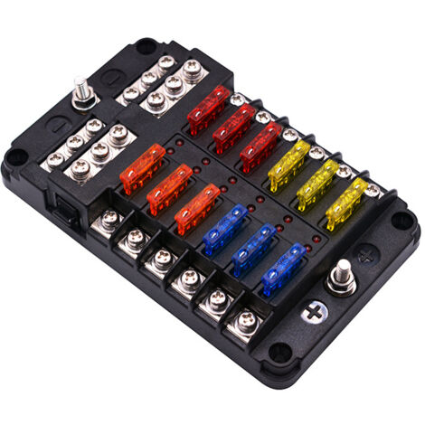 6/12 Voies Boîte Fusibles 12V, Porte Fusible Blocs Fusible Lame avec 16 Fusibles 6 Voyants LED Couvercle de Protection pour 12V/24V Voiture Bateau Marine Camion SUV (12 Voies) (1/5)