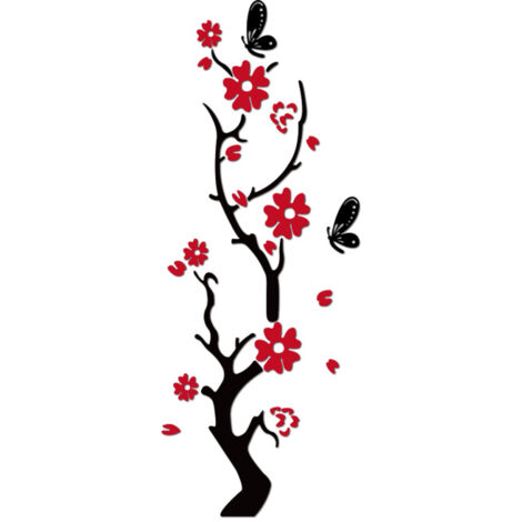 Plum Blossom 3D Acrylique Sticker Mural Nordique Fleur DIY Sticker Mural Miroir Fond Décoration Murale Salon Chambre Mur Fond (Noir Rouge) (1/5)