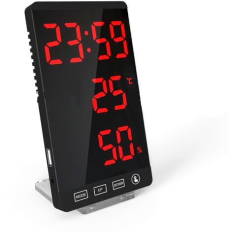 Horloge à miroir LED, thermomètre et hygromètre, horloge météo électronique, réveil, lettres rouges en gras (1/5)