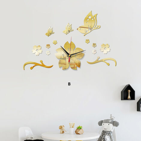 (or) Sans Cadre Horloge Murale, Creative Horloge murale, 3D Sticker Mural, Stickers Muraux DIY, Papillon Miroir Stickers, Décoration Miroir Acrylique, Décoration Mode (1/5)