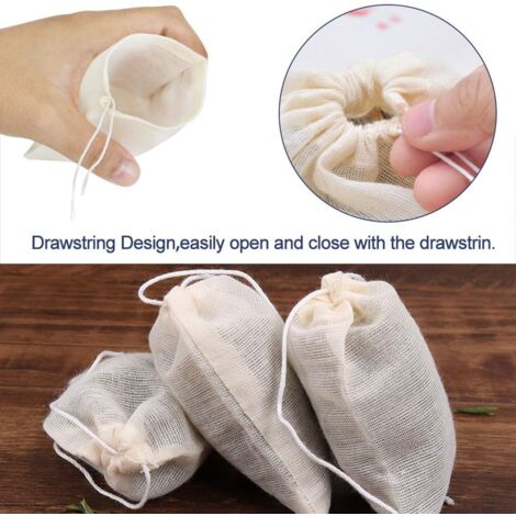 Lot de 50 sachets en mousseline de coton réutilisables pour la cuisine, le trempage de l'alcool médicinal, le thé, le café, le bricolage, le stockage d'épices, le désherbage, les faveurs de fête Blanc