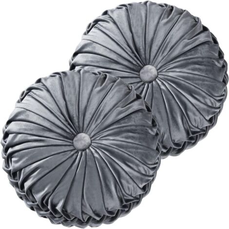 Lot de 2 oreillers ronds, 38 x 38 cm plissés, coussins de sol en velours vintage déco pour la maison canapé chaise lit, gris foncé (ondulation) (1/5)
