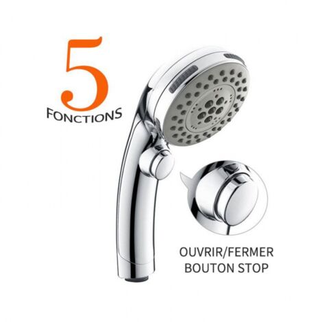 Pommeau de Douche Chromé avec Bouton Stop Douchette à Main 5 Jets au Choix Pomme de Douche Picots Anticalaire Type Universel (1/5)