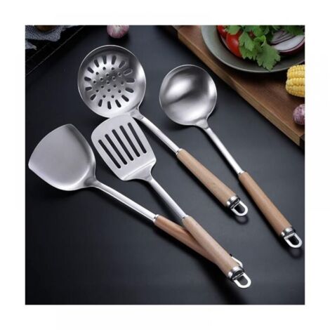 Ensemble d'ustensiles de cuisine 4 pièces en acier inoxydable 304, spatule, louche, passoire et spatule avec long manche en bois résistant à la chaleur. (4 poignées rondes) (1/5)