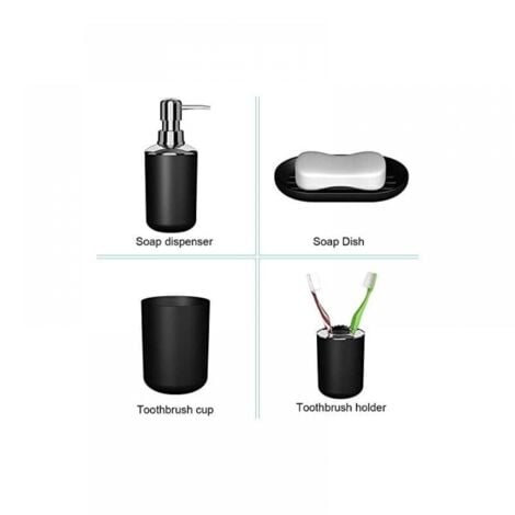 (Black) 4 Pieces Plastic Bathroom Accessories Set, Bath Toilet Brush Accessory Set with Toothbrush Holder, Toothbrush Cup