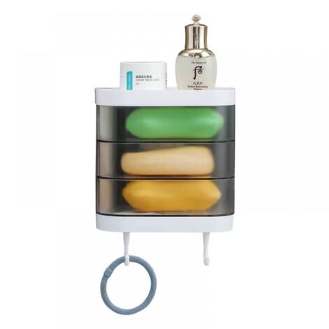 Layers Wall Mounted Soap Dish with 2 Hooks, 180 Degree Rotating Soap Holder, Dustproof Waterproof Storage Organizer for Bathroom Shower Kitchen (Transparent) (1/5)