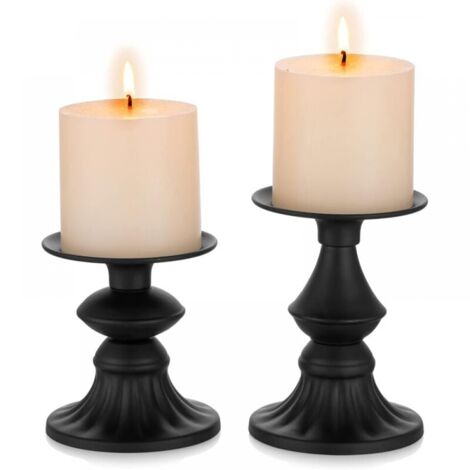 Set of 2 Pillar Candle Holders - Matte Black Vintage Candlestick Holder for Dining Room Coffee Table Living Room Halloween Thanksgiving Home Decor (1/5)