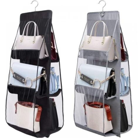 (Black+Grey) 2Pack Hanging Handbag Organizer 6 Pockets Closet Organizer Wardrobe Bags Hanging Storage Bag Foldable Closet Organizer (1/5)